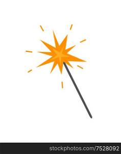 Magicion stick with star, flat icon isolated. Vector cartoon clipart, golden star on top of wand. Flat style design of wizard magical and mystery stuff. Magicion Stick with Star, Flat Icon Isolated