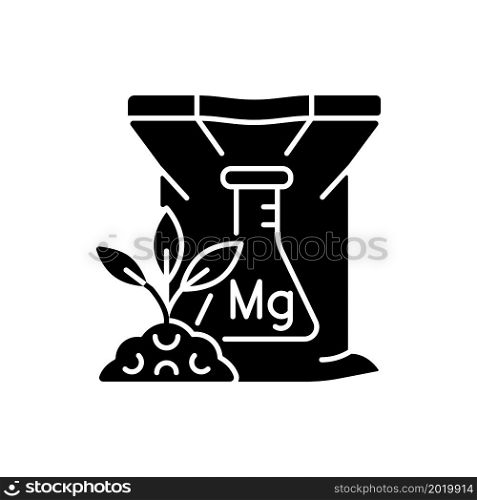 Magnesium fertilizer black glyph icon. Chemical plant and soil supplement. Magnesia ground enrichment. Minerals and nutrients. Silhouette symbol on white space. Vector isolated illustration. Magnesium fertilizer black glyph icon