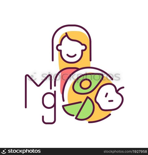 Magnesium RGB color icon. Products that content mg. Panic attack treatment and prevention. Panic disorder medication counseling. Isolated vector illustration. Simple filled line drawing. Magnesium RGB color icon