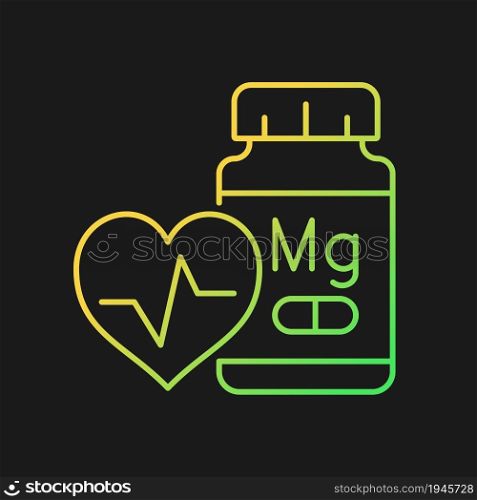 Magnesium supplements gradient vector icon for dark theme. Heart attack and cardiac arrest prevention. Thin line color symbol. Modern style pictogram. Vector isolated outline drawing. Magnesium supplements gradient vector icon for dark theme