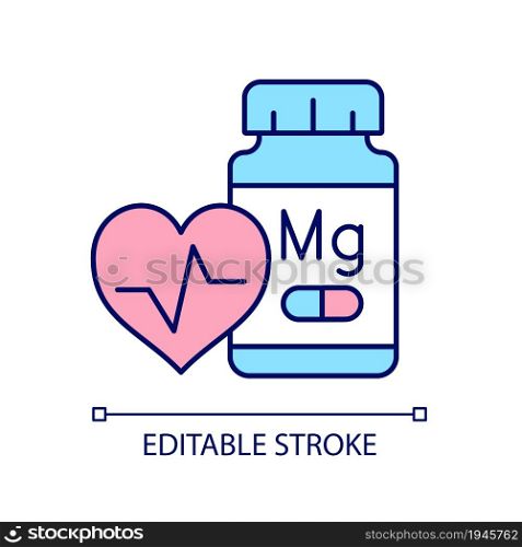Magnesium supplements RGB color icon. Medication to prevent heart diseases. Stroke combat. Heart attack and cardiac arrest prevention. Isolated vector illustration. Simple filled line drawing. Magnesium supplements RGB color icon