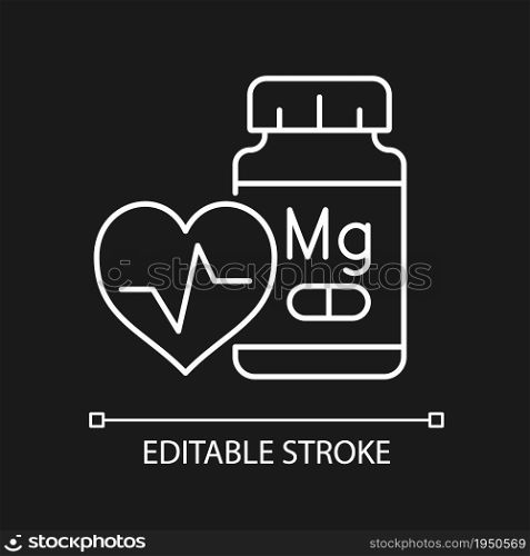 Magnesium supplements white linear icon for dark theme. Heart attack and cardiac arrest prevention. Thin line customizable illustration. Isolated vector contour symbol for night mode. Editable stroke. Magnesium supplements white linear icon for dark theme