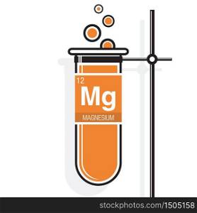 Magnesium symbol on label in a orange test tube with holder. Element number 12 of the Periodic Table of the Elements - Chemistry
