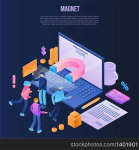 Magnet attraction concept background. Isometric illustration of magnet attraction vector concept background for web design. Magnet attraction concept background, isometric style