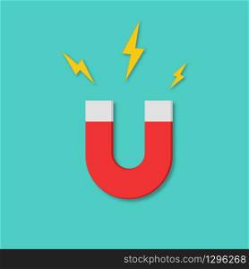 Magnet icon in flat design with lightnings. Vector EPS 10
