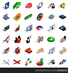 Magnet icons set. Isometric style of 36 magnet vector icons for web isolated on white background. Magnet icons set, isometric style