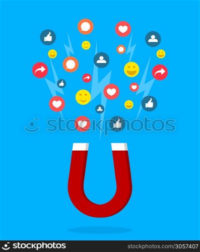 Magnet lead of social media. Social page with like, follower, heart. Acquire of influence with help ad, post, content. Concept of power of social media. Advertising with interface for blogger. Vector.. Magnet lead of social media. Social page with like, follower, heart. Acquire of influence with help ad, post, content. Concept of power of social media. Advertising with interface for blogger. Vector