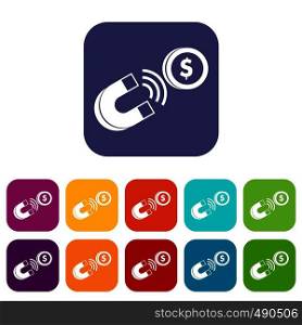 Magnet with coin icons set vector illustration in flat style in colors red, blue, green, and other. Magnet with coin icons set