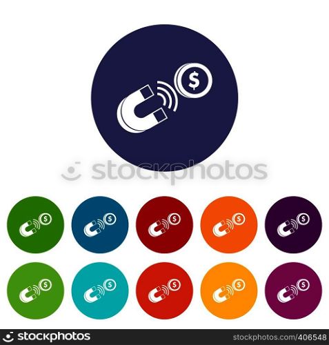Magnet with coin set icons in different colors isolated on white background. Magnet with coin set icons