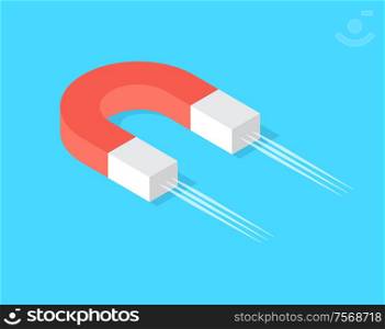 Magnet with magnetic power, magnetism concept, source of magnetize, attracting profit and money symbol vector isolated icon, gravitation concept. Magnet with Magnetic Power, Magnetism Concept