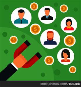 Magnetic customer retention concept background. Flat illustration of magnetic customer retention vector concept background for web design. Magnetic customer retention concept background, flat style