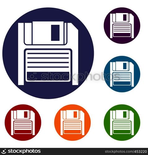 Magnetic diskette icons set in flat circle reb, blue and green color for web. Magnetic diskette icons set