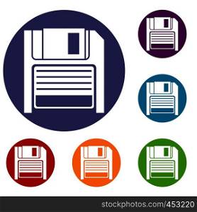 Magnetic diskette icons set in flat circle reb, blue and green color for web. Magnetic diskette icons set