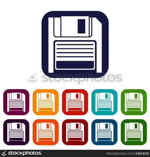 Magnetic diskette icons set vector illustration in flat style in colors red, blue, green, and other. Magnetic diskette icons set