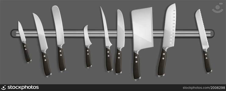 Magnetic holder with kitchen knives, chef cutting hatchets cooking cutlery realistic kitchenware. Cleaver, french, boning and filleting, carving steel choppers with black handle 3d vector illustration. Magnetic holder with kitchen knives, chef hatchets