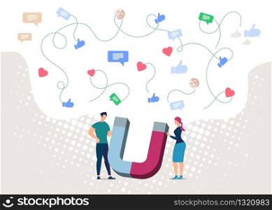 Magnetic Marketing Strategy Flat Vector Concept with Young Entrepreneurs Holding Huge Magnet Collecting Audience Feedback Illustration. Attracting New Clients Online. Business Sales Generation