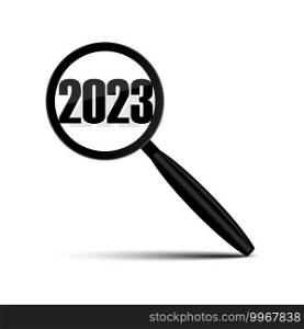 Magnifier 2023. 2023 year. Magnifying glass. Vector illustration. Stock image. EPS 10.