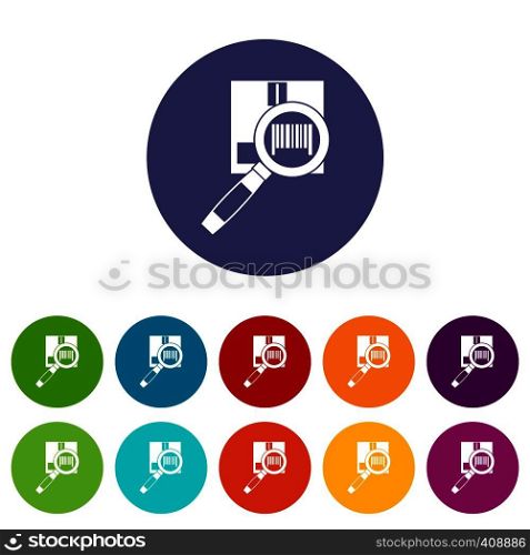 Magnifier and diskette set icons in different colors isolated on white background. Magnifier and diskette set icons