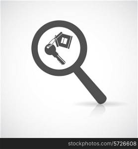 Magnifier and key with house tag real estate black icon vector illustration