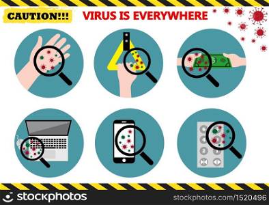 Magnifier checks viruses on objects or at risk points , Hand, computer, money, phone, elevator and bus holder,Corona virus protection and awareness concept.Vector illustration