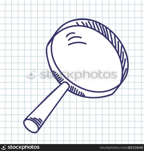 Magnifier glass. Doodle sketch on checkered paper background. Vector illustration.