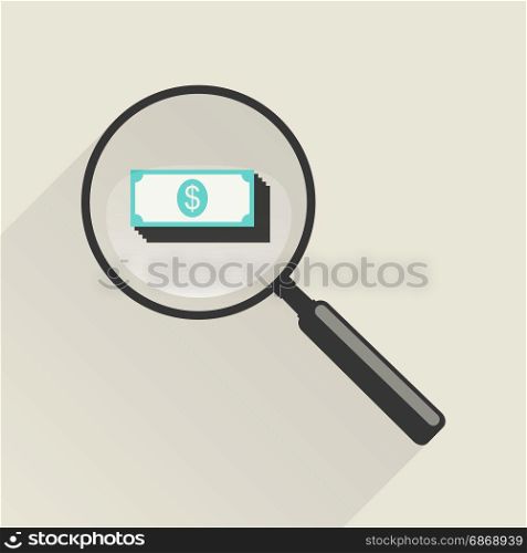 Magnifier icon with money. Magnifier icon with money in flat style. Vector illustration