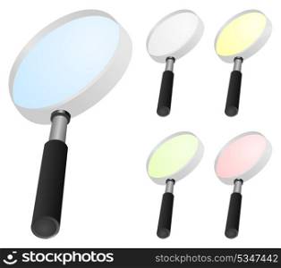 Magnifier icons. Icons of a magnifier with different colours of glass. A vector illustration