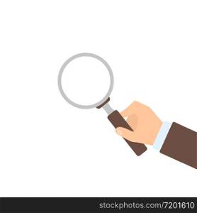 Magnifier in hand on white background, flat illustration. Vector isolated. Magnifier in hand on white background, flat illustration. Vector