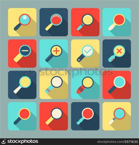 Magnifier lens scientific and support optical tool flat icon set vector illustration
