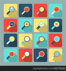 Magnifier lens scientific and support optical tool flat icon set vector illustration