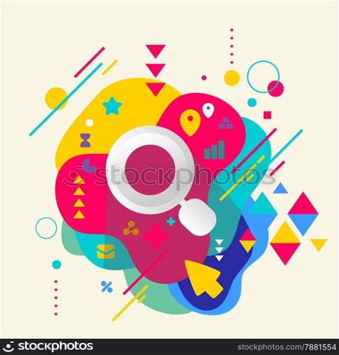 Magnifier on abstract colorful spotted background with different elements. Flat design.