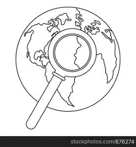 Magnifier on earth icon. Outline illustration of magnifier on earth vector icon for web. Magnifier on earth icon, outline style.