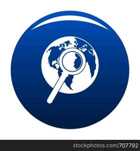 Magnifier on earth icon vector blue circle isolated on white background . Magnifier on earth icon blue vector