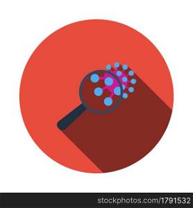 Magnifier Over Coronavirus Molecule Icon. Flat Circle Stencil Design With Long Shadow. Vector Illustration.