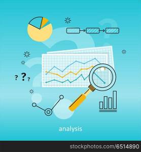 Magnifier with Diagram on Squared Paper. Magnifier with colour diagram on squared paper. Concept of online business, commerce statistics, business analysis, information search. Business blue background with different elements