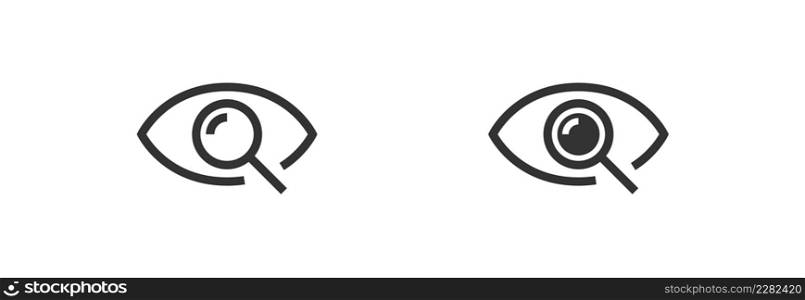 Magnifier with eye black outline icon. Find search button vector isolated illustration