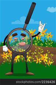 Magnifier with hands in rocker pose. Cartoon Character science research object, analysis, business, examination, optics concept.