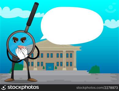 Magnifier with hands over mouth. Cartoon Character science research object, analysis, business, examination, optics concept.