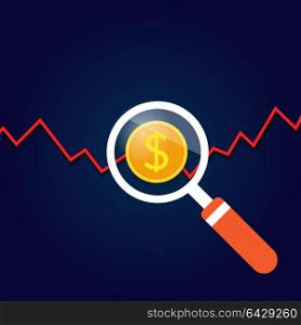 Magnifying glass above the graph of profit growth. . Magnifying glass above the graph of profit growth. Vector illustration .