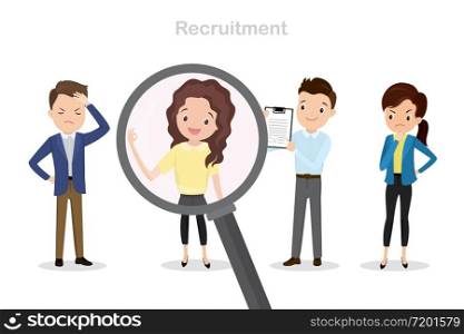 Magnifying glass and candidates for the job,recruitment concept,multicultural characters,isolated on white background,flat vector illustration.
