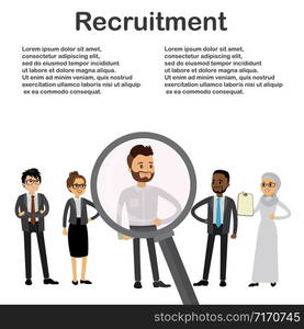 Magnifying glass and candidates for the job,recruitment concept,multicultural characters,place for text,flat vector illustration