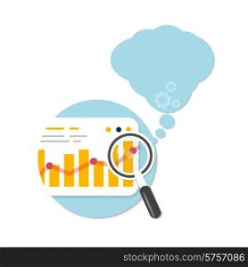 Magnifying glass and chart with bubble on white background. Business concept of analyzing in flat design