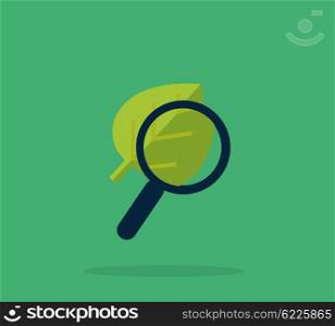 Magnifying glass and leaf, education concept. Scientific biology, study nature leaf, search with magnifying glass, zoom glass magnifier, look with glass optical, education organic leaf illustration