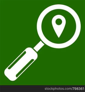 Magnifying glass and map location icon white isolated on green background. Vector illustration. Magnifying glass and location icon green