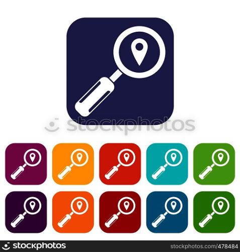 Magnifying glass and map location icons set vector illustration in flat style in colors red, blue, green, and other. Magnifying glass and location icons set
