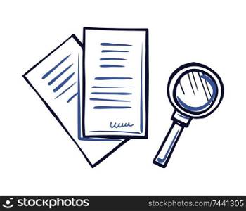 Magnifying glass and paper documents with signature isolated. Office page with scribble in right corner. Line art sign of document, signed contract vector. Magnifying Glass and Paper Document with Signature