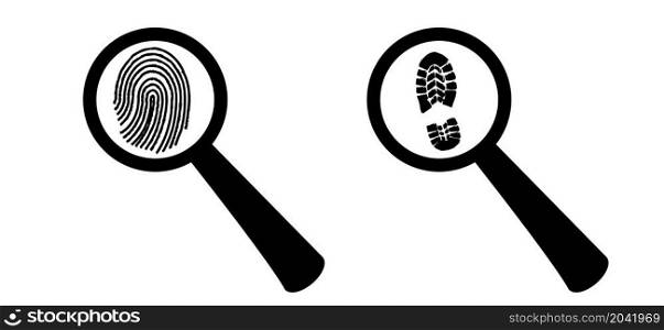 Magnifying glass. Detective magnifier icon with footprint, footstep and fingerprint. Seek evidence and identities