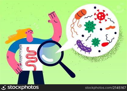 Magnifying glass for checkup young sick woman stomach with bacteria and virus in intestine. Magnifier examine female patient inner abdomen for stomach infection. Vector illustration. . Magnifier examine female patient abdomen for bacteria