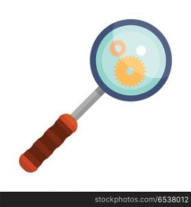 Magnifying Glass Icon Focused on Gear Elements.. Magnifying glass icon focused on gear elements. Loupe with blue glass and wooden handle. Search tool. Research tool. Business concept. Flat pictogram symbol. Isolated vector illustration on white