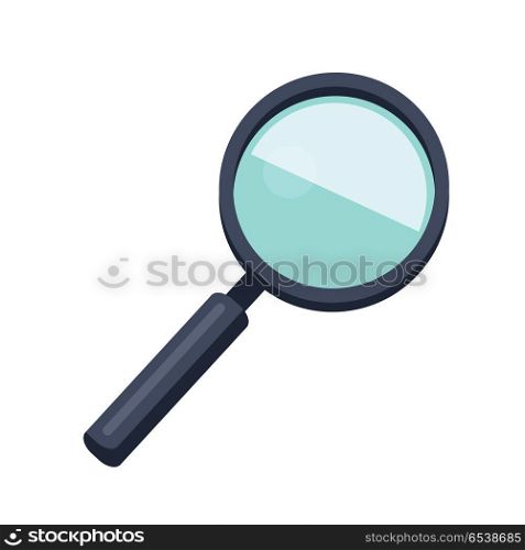Magnifying Glass Icon. Magnifying glass icon. Loupe with blue glass and black handle. Search tool. Research tool. Business concept. Flat pictogram symbol. Isolated vector illustration on white background.